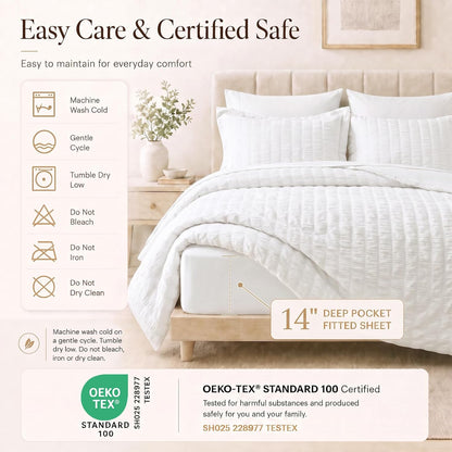 CozyLux Queen Comforter Set, 7 Pieces White Seersucker Bed in a Bag