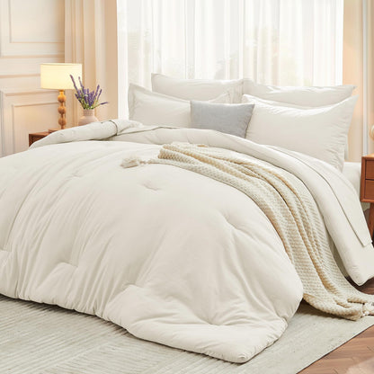 MUXHOMO Queen Comforter Set 7 Pieces, Soft Bed in a Bag, Beige