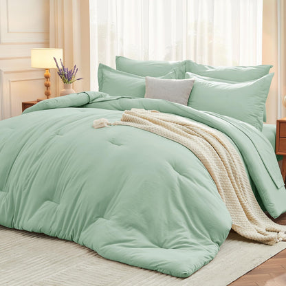 MUXHOMO Queen Comforter Set 7 Pieces, Soft Bed in a Bag, Beige