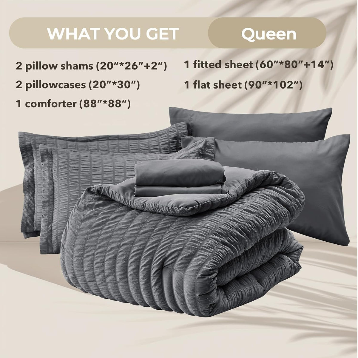 Queen Comforter Set - 7PCS Bed in a Bag, Seersucker Bedding Set, Dark Grey