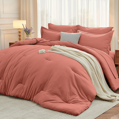 MUXHOMO Queen Comforter Set 7 Pieces, Soft Bed in a Bag, Beige