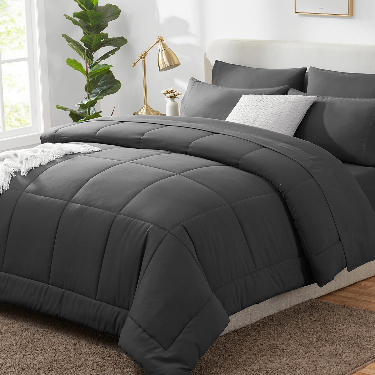 CozyLux Queen Comforter Set Black - 7 Pieces Bed in a Bag