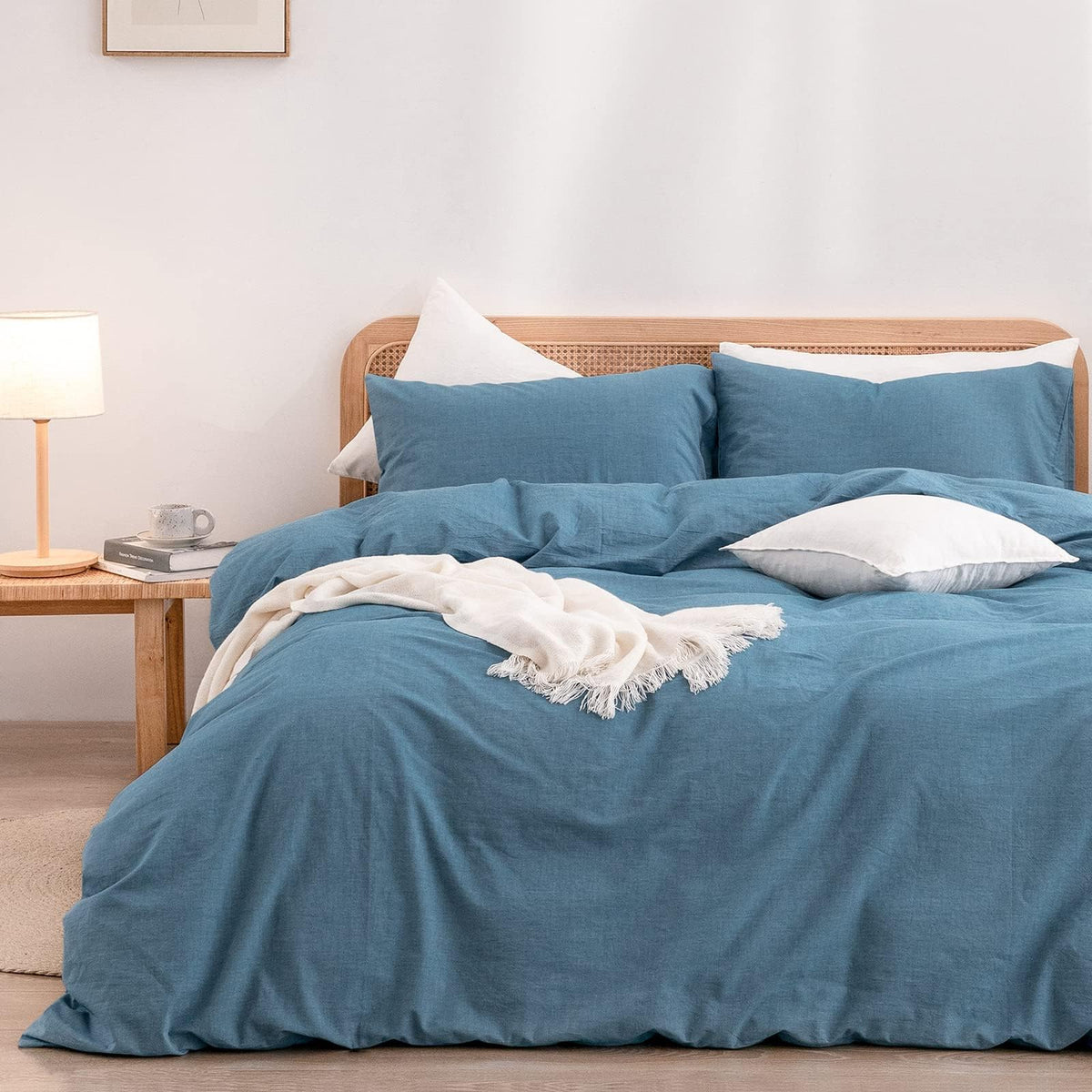 BESTOUCH Cotton Solid Duvet Cover Set Linen Feel Off White Queen