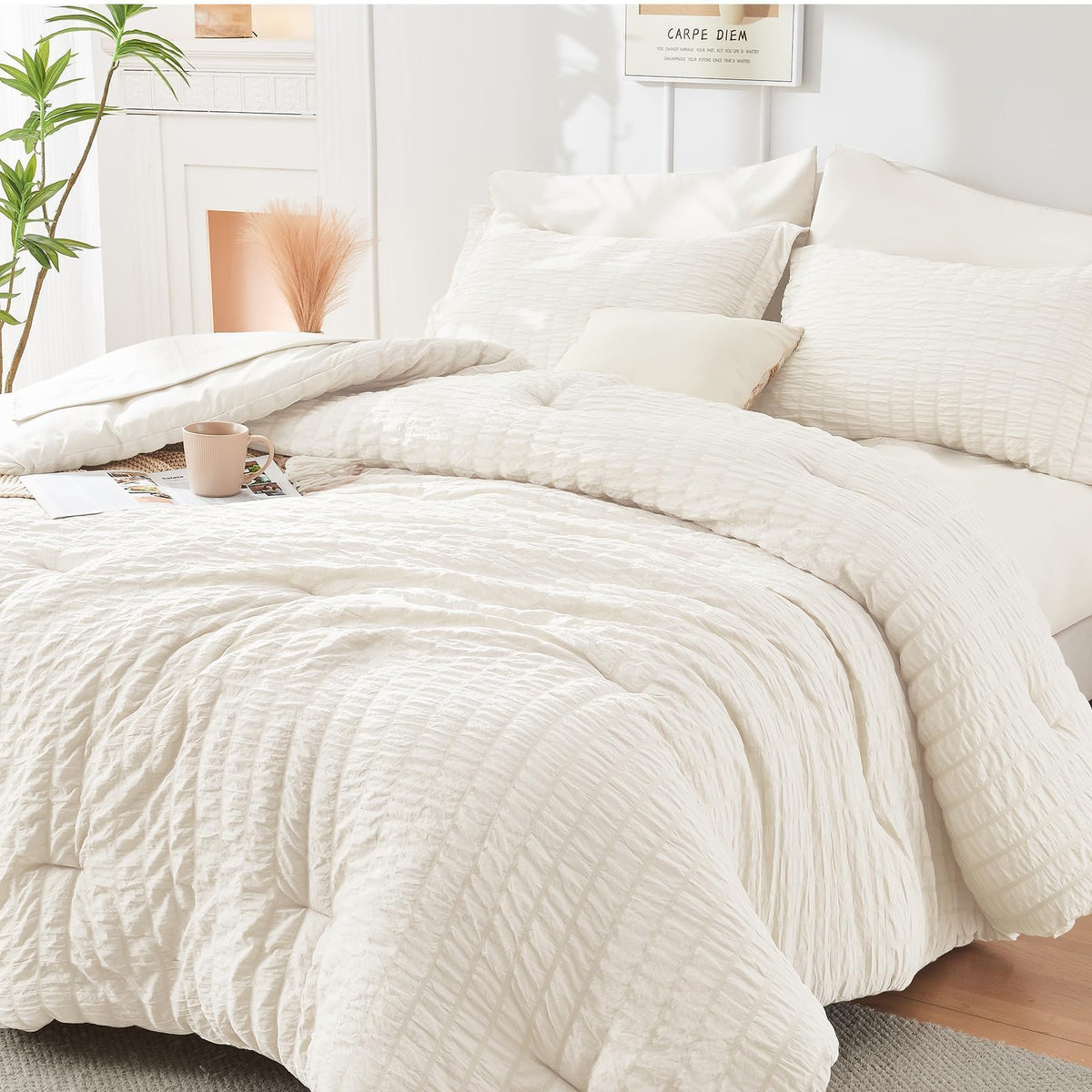 King Comforter Set - 7PCS Bed in a Bag, Seersucker Bedding Set, Dark Grey
