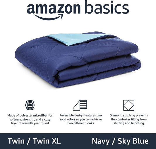 Amazon Basics Washable Comforter Blanket, Reversible Lightweight Microfiber All Season, Twin/Twin XL, Navy/Sky Blue