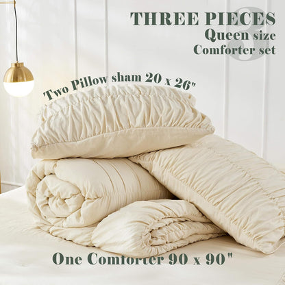 Bonlino Wheat Ruched Comforter Set Queen Size Ruffle Comforter Bedding