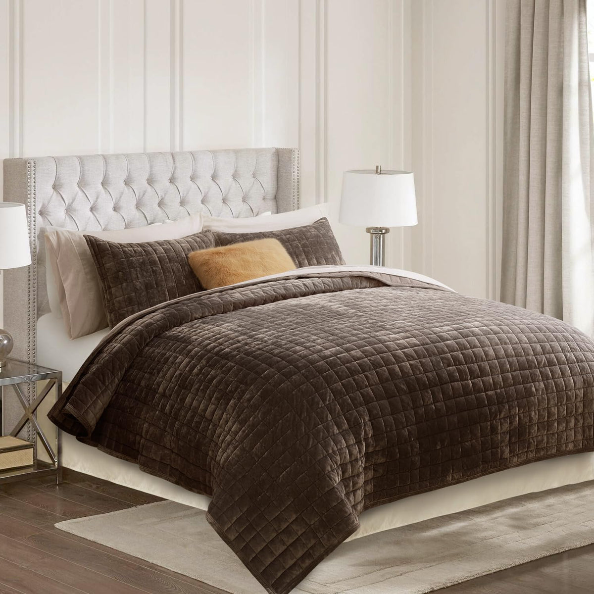 RECYCO Channel Box Stitch Velvet Quilt Set, King Size, Beige