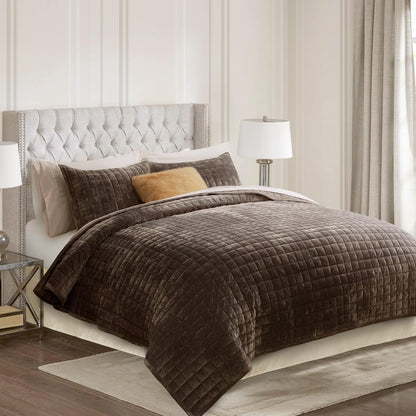 RECYCO Channel Box Stitch Velvet Quilt Set, King Size, Beige