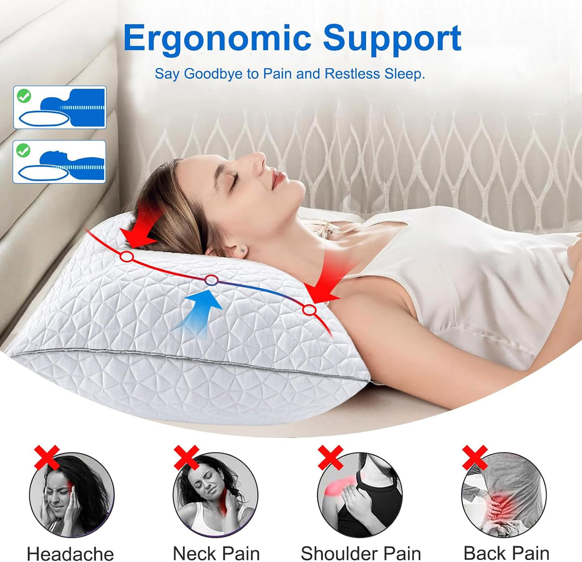 Cooling Shredded Memory Foam Pillows Queen Size Set of 2, 20" x 30", White