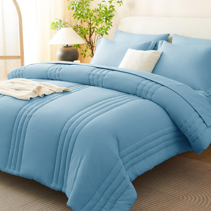 CozyLux Queen Comforter Set Beige - 7 Pieces Vertical Quilted Bed in a Bag