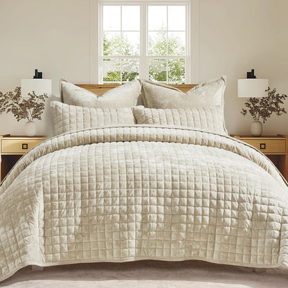 RECYCO Channel Box Stitch Velvet Quilt Set, King Size, Beige