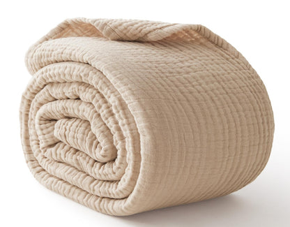 100% Cotton Muslin Blanket for Adults, 6-Layer, King, 108 x 90, Beige Linen