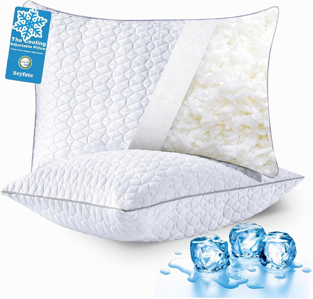 Cooling Shredded Memory Foam Pillows Queen Size Set of 2, 20" x 30", White