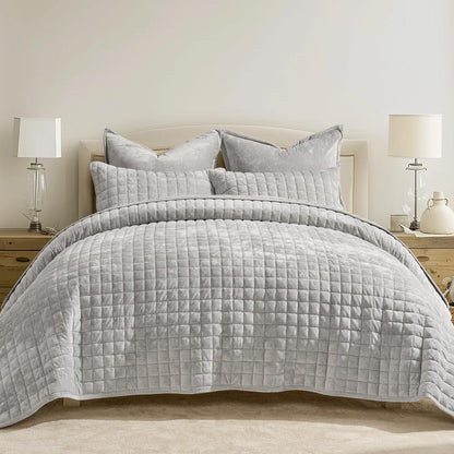 RECYCO Channel Box Stitch Velvet Quilt Set, King Size, Beige