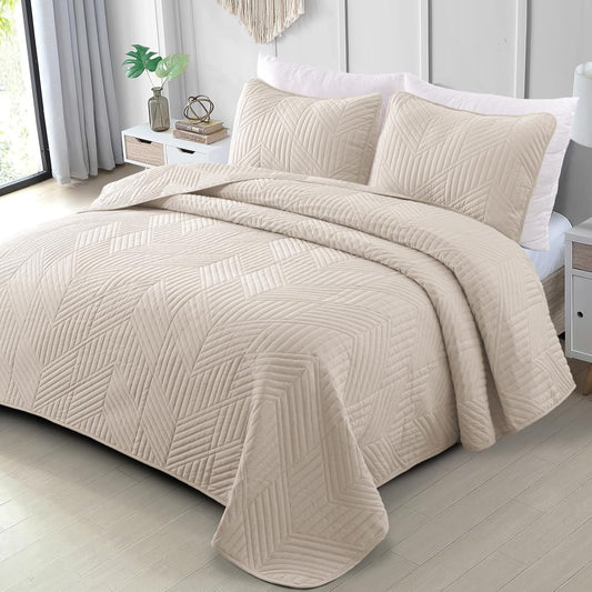 Exclusivo Mezcla Ultrasonic Full Queen Quilt Bedding Set, Beige Cream