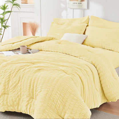 King Comforter Set - 7PCS Bed in a Bag, Seersucker Bedding Set, Dark Grey