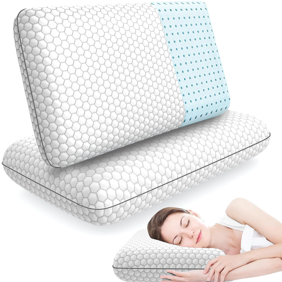 CushyOasis Bed Pillows for Sleeping 2PCS, Memory Foam, Standard Size, Blue