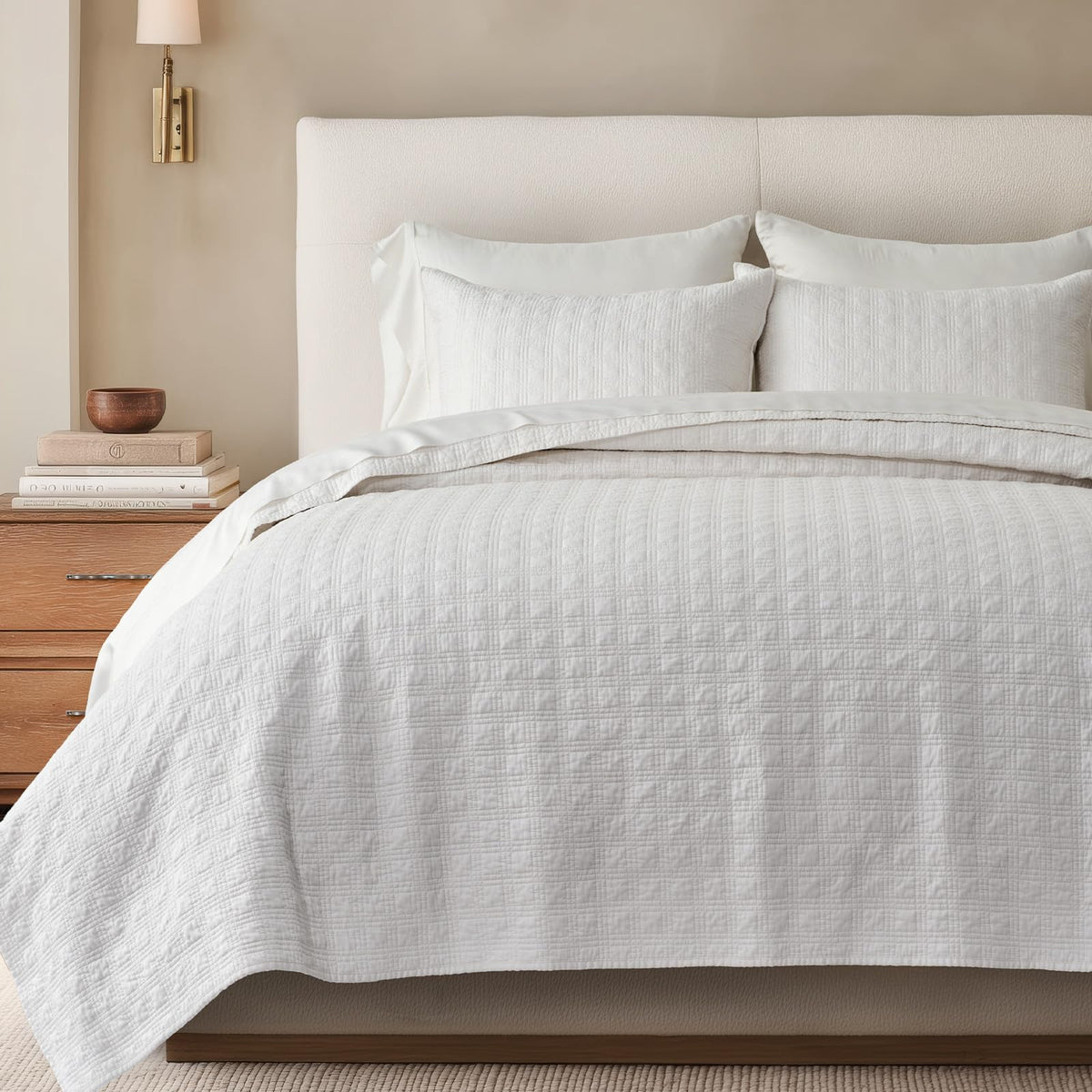 EVERGRACEHOME Cotton Sateen Channel Quilt Set, King Size, Bright White