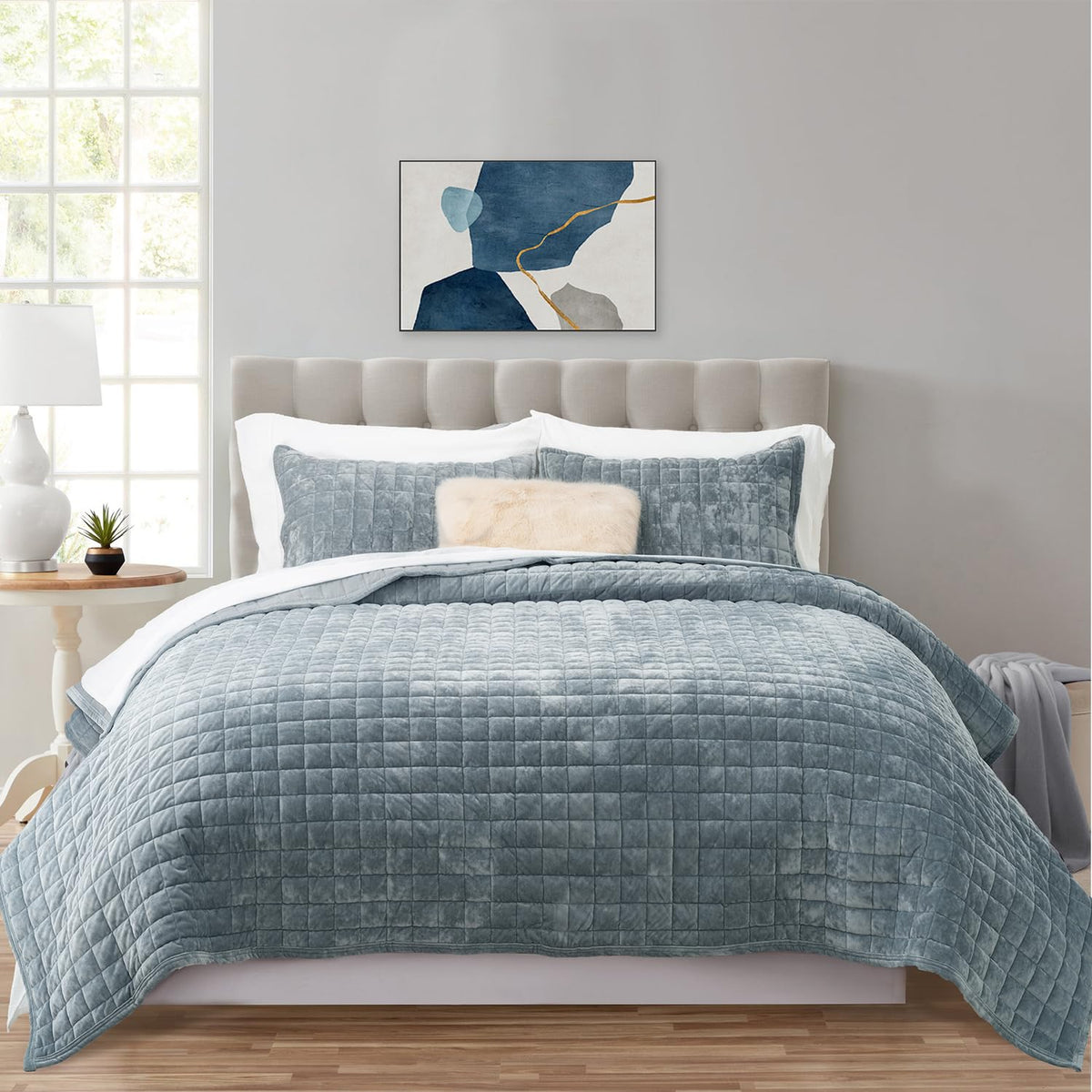 RECYCO Channel Box Stitch Velvet Quilt Set, King Size, Beige