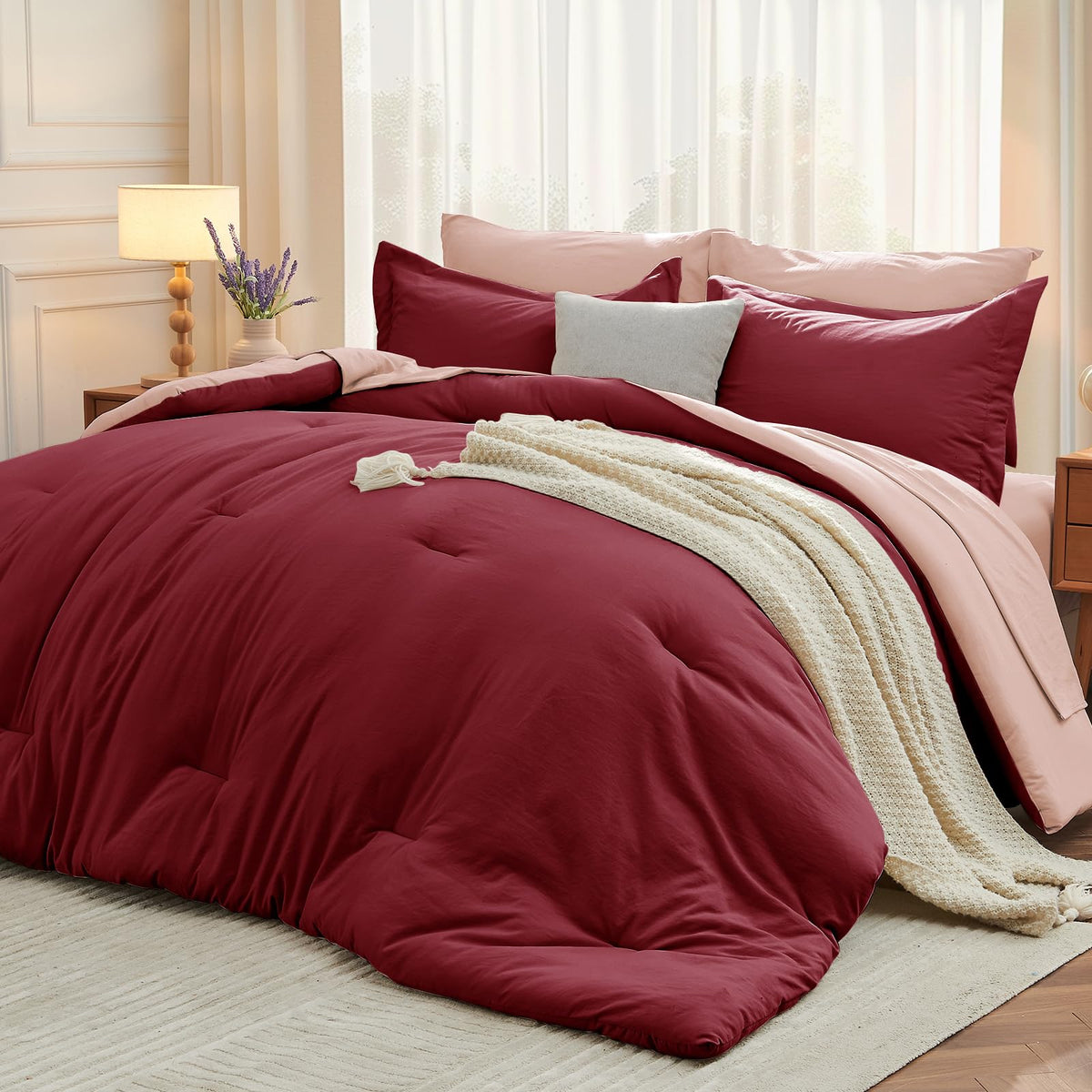 MUXHOMO Queen Comforter Set 7 Pieces, Soft Bed in a Bag, Beige