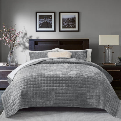 RECYCO Channel Box Stitch Velvet Quilt Set, King Size, Beige