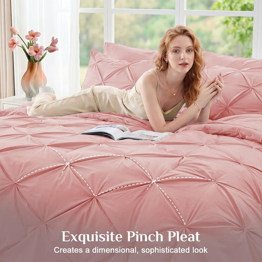 JOLLYVOGUE Queen Comforter Set 7 Pieces - Bed in a Bag Queen for All Season, Pintuck Bedding Comforter Sets with Comforter, Flat Sheet, Fitted Sheet and Pillowcases & Shams, Pink
