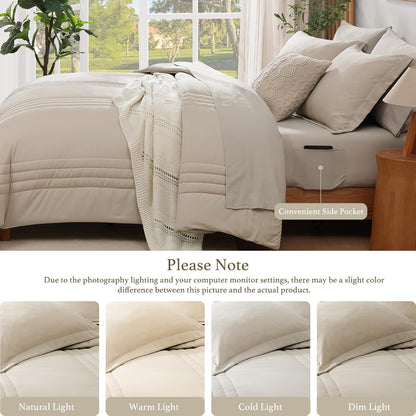 Queen Comforter Set-7 Pieces Beige Soft Bed in a Bag Queen Bedding Sets