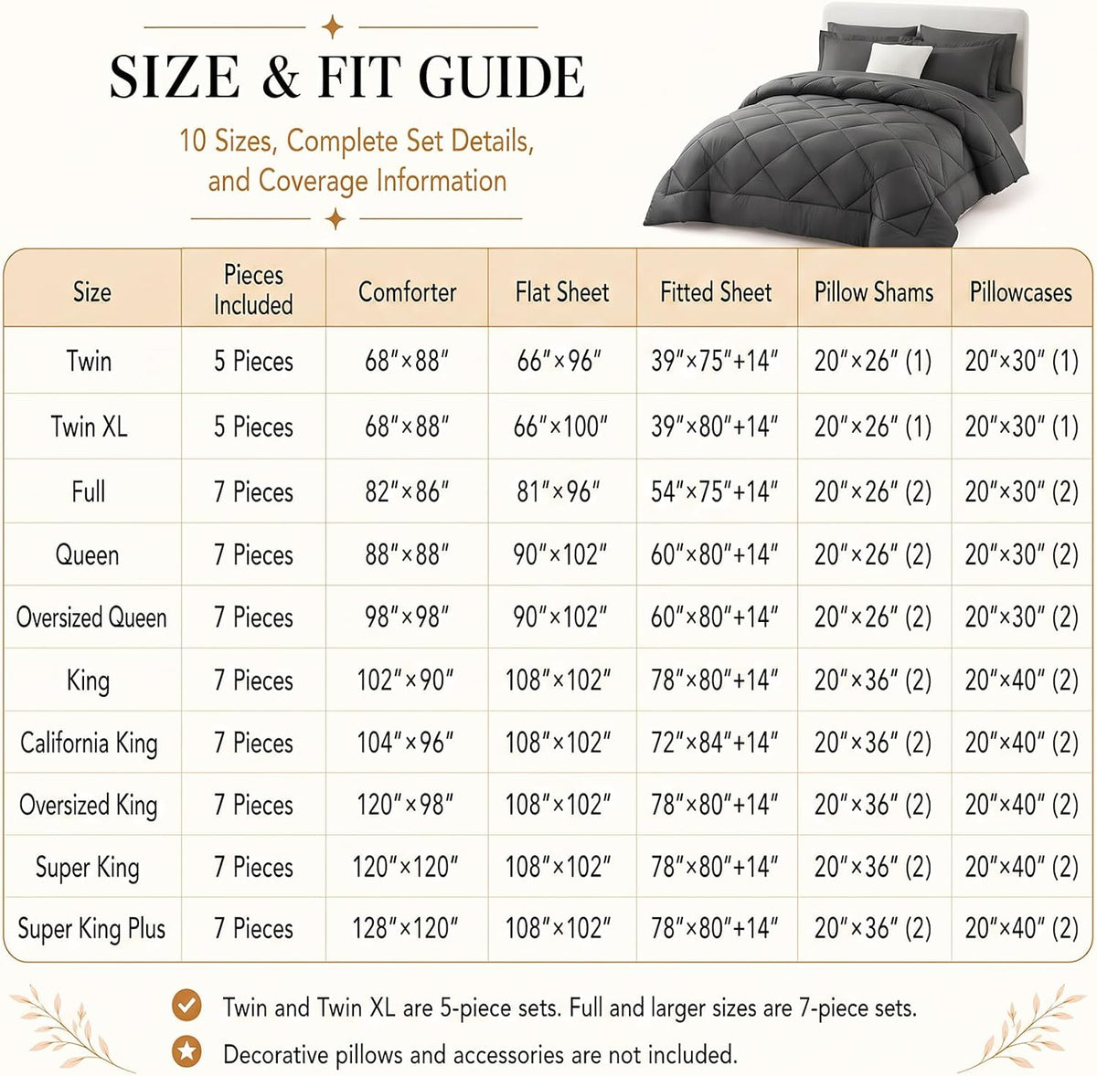 CozyLux King Comforter Set 102"x90" Dark Grey - 7 Piece Bed in a Bag