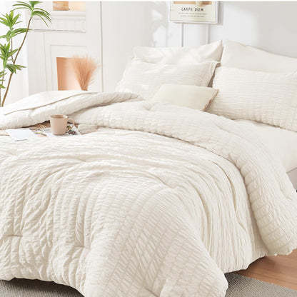 Queen Comforter Set - 7PCS Bed in a Bag, Seersucker Bedding Set, Dark Grey