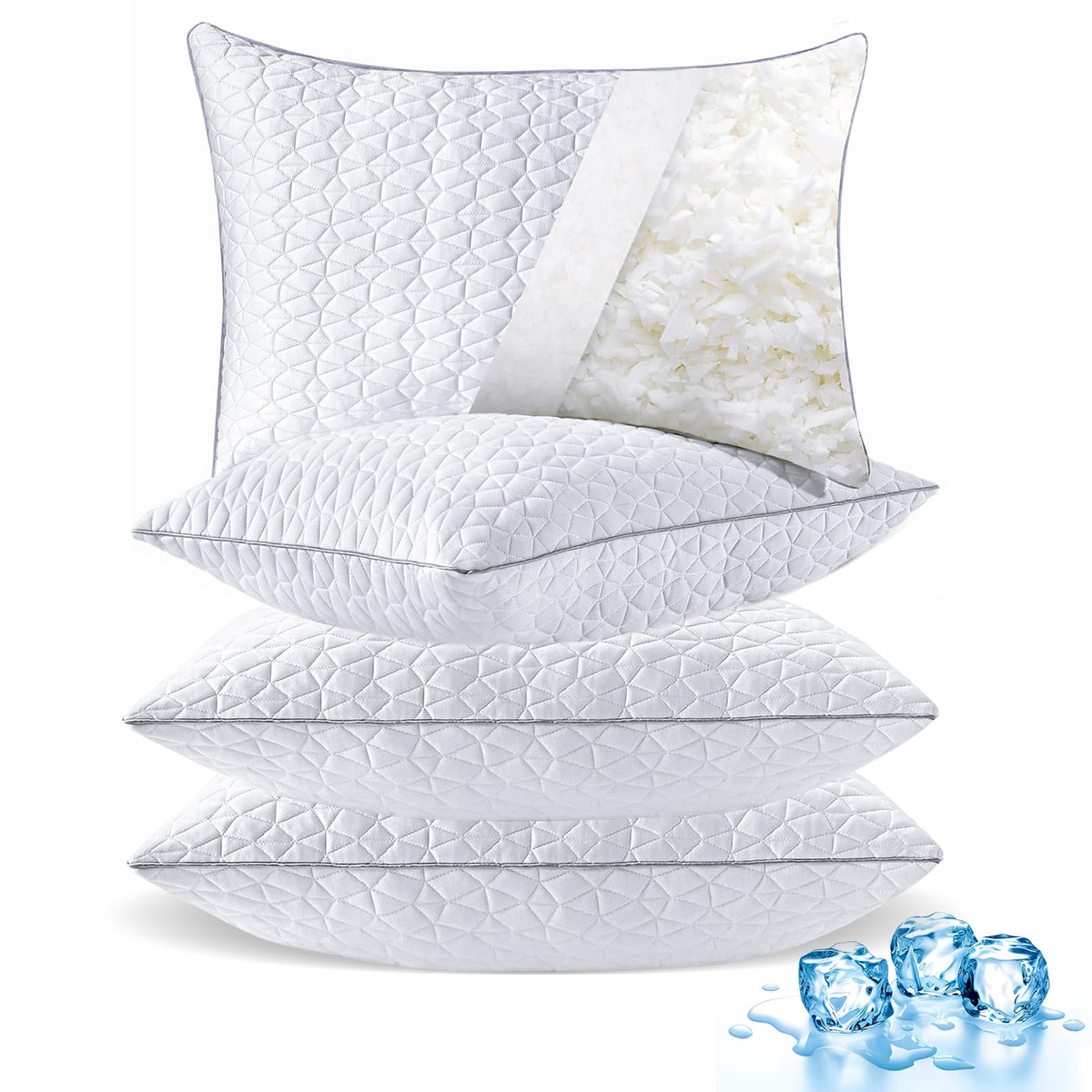Cooling Shredded Memory Foam Pillows Queen Size Set of 2, 20" x 30", White