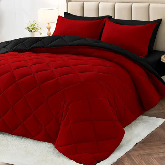 MUXHOMO Queen Comforter Set 7 Pieces, Reversible Bed in a Bag, Red/Black