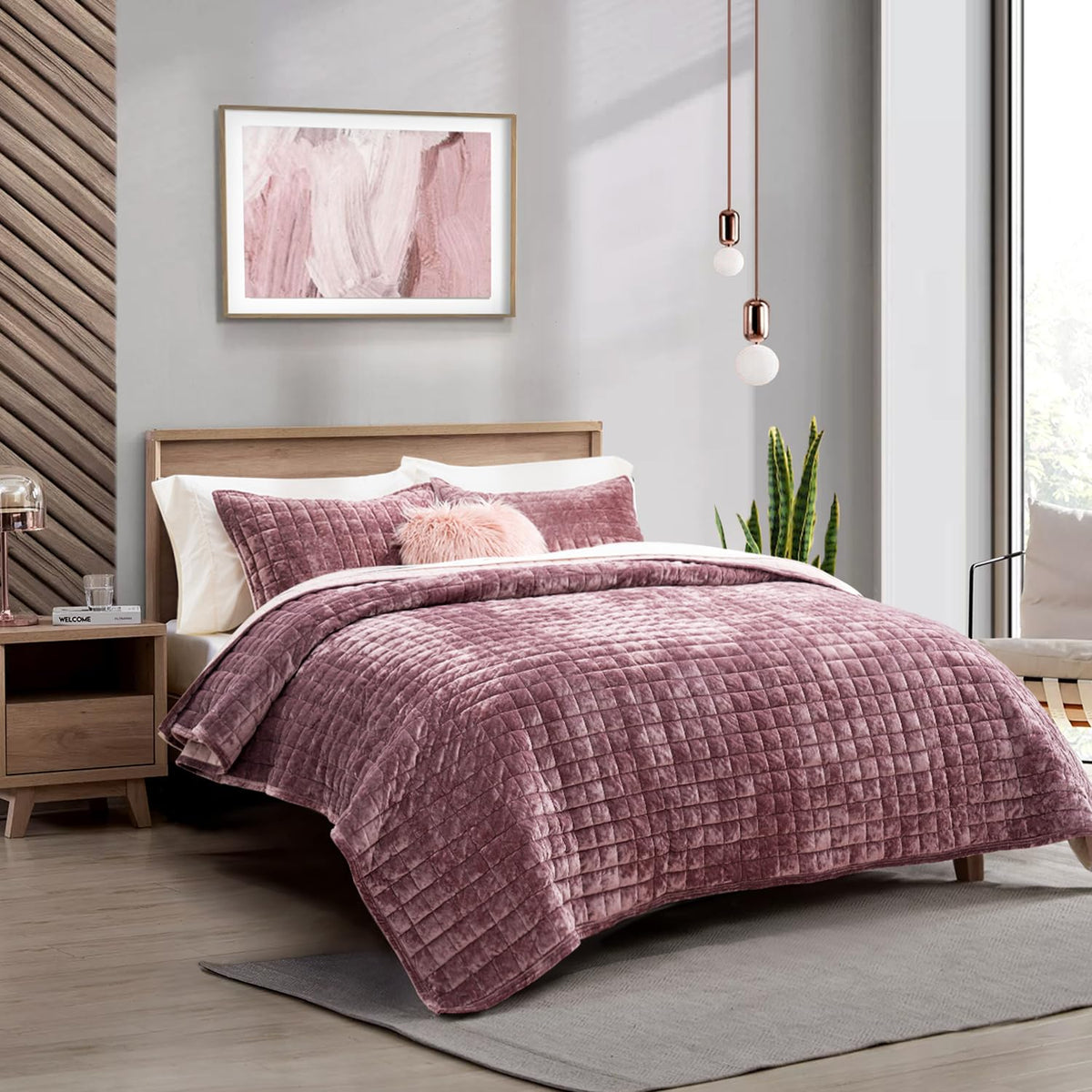 RECYCO Channel Box Stitch Velvet Quilt Set, King Size, Beige