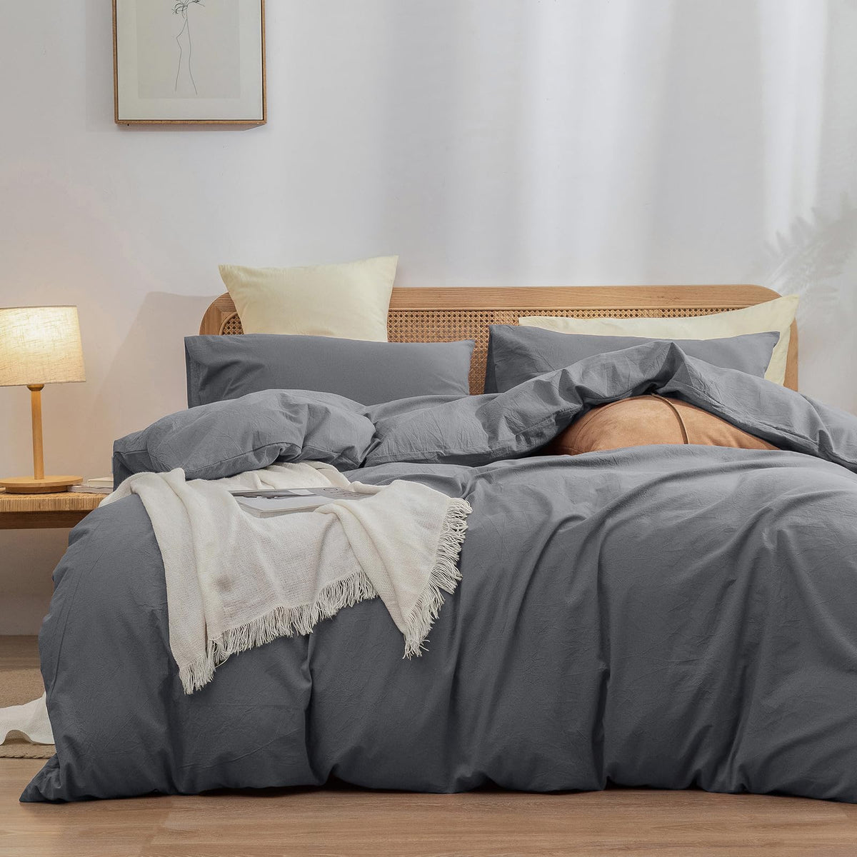 BESTOUCH Cotton Solid Duvet Cover Set Linen Feel Off White Queen
