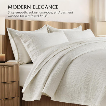 EVERGRACEHOME Cotton Sateen Channel Quilt Set, King Size, Bright White