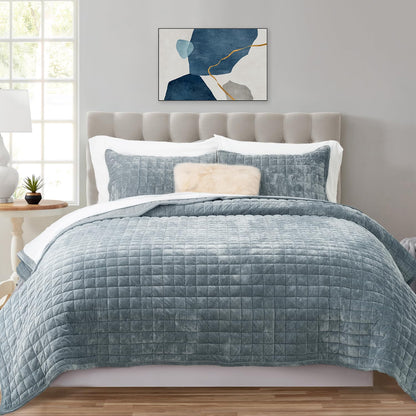 RECYCO Channel Box Stitch Velvet Quilt Set, King Size, Beige