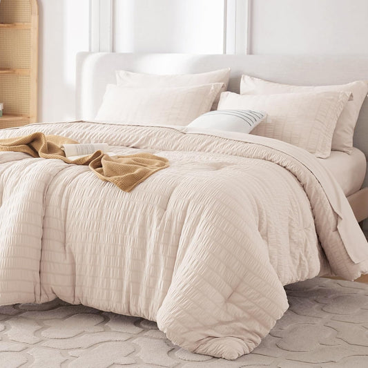 MUXHOMO Queen Comforter Set 7 Pieces, Seersucker Bed in a Bag, Beige