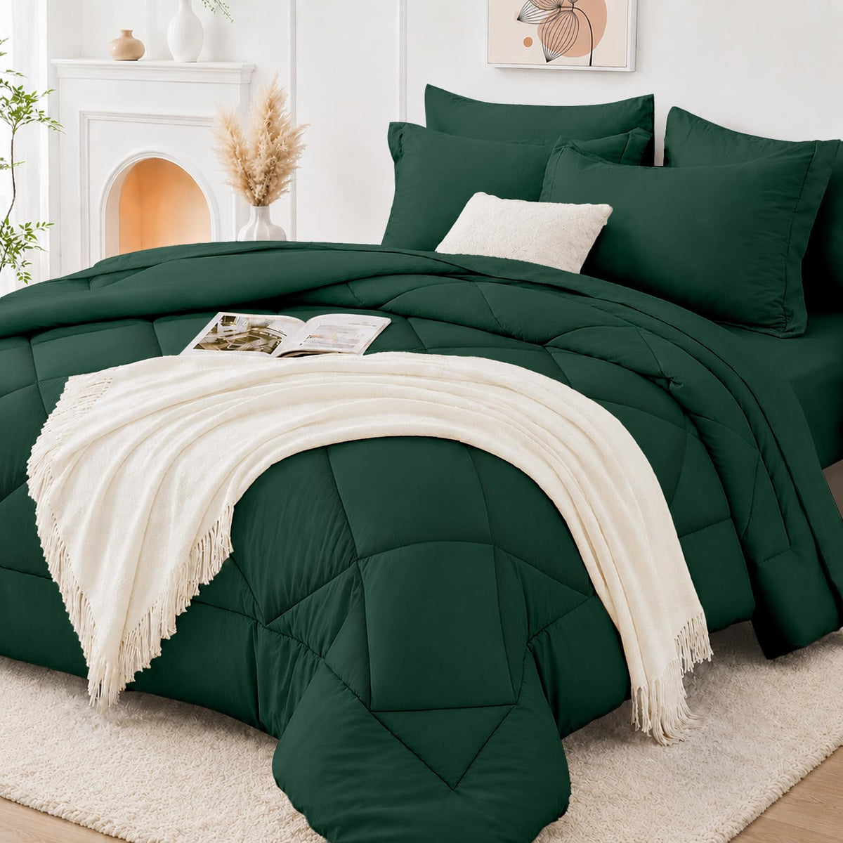 FUANNA Full Size Comforter Sets 7 PCS, Navy Blue Bed Set, Soft Bed in a Bag