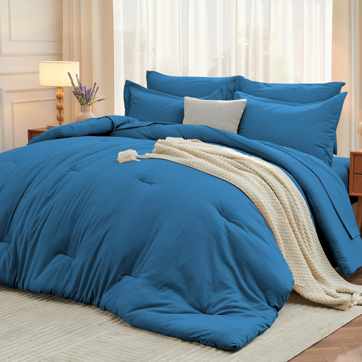 MUXHOMO Queen Comforter Set 7 Pieces, Soft Bed in a Bag, Beige