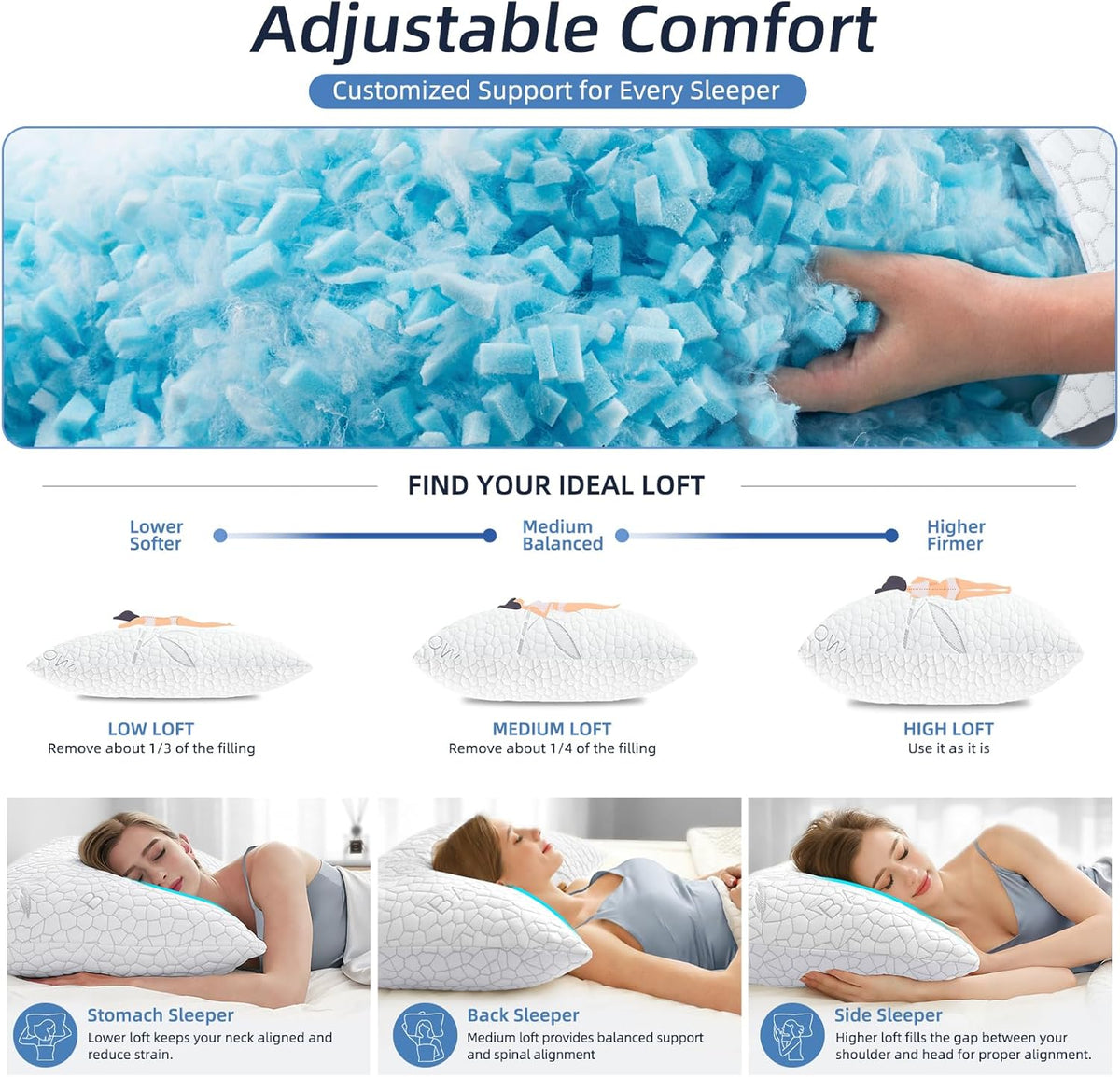 Yettbea Bamboo Cooling Shredded Memory Foam Bed Pillows Queen Size Set of 2