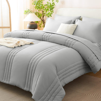 CozyLux Queen Comforter Set Beige - 7 Pieces Vertical Quilted Bed in a Bag