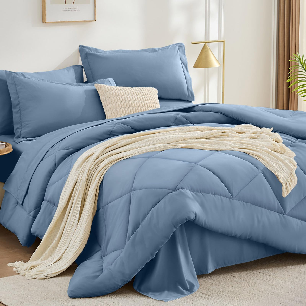 FUANNA Full Size Comforter Sets 7 PCS, Navy Blue Bed Set, Soft Bed in a Bag