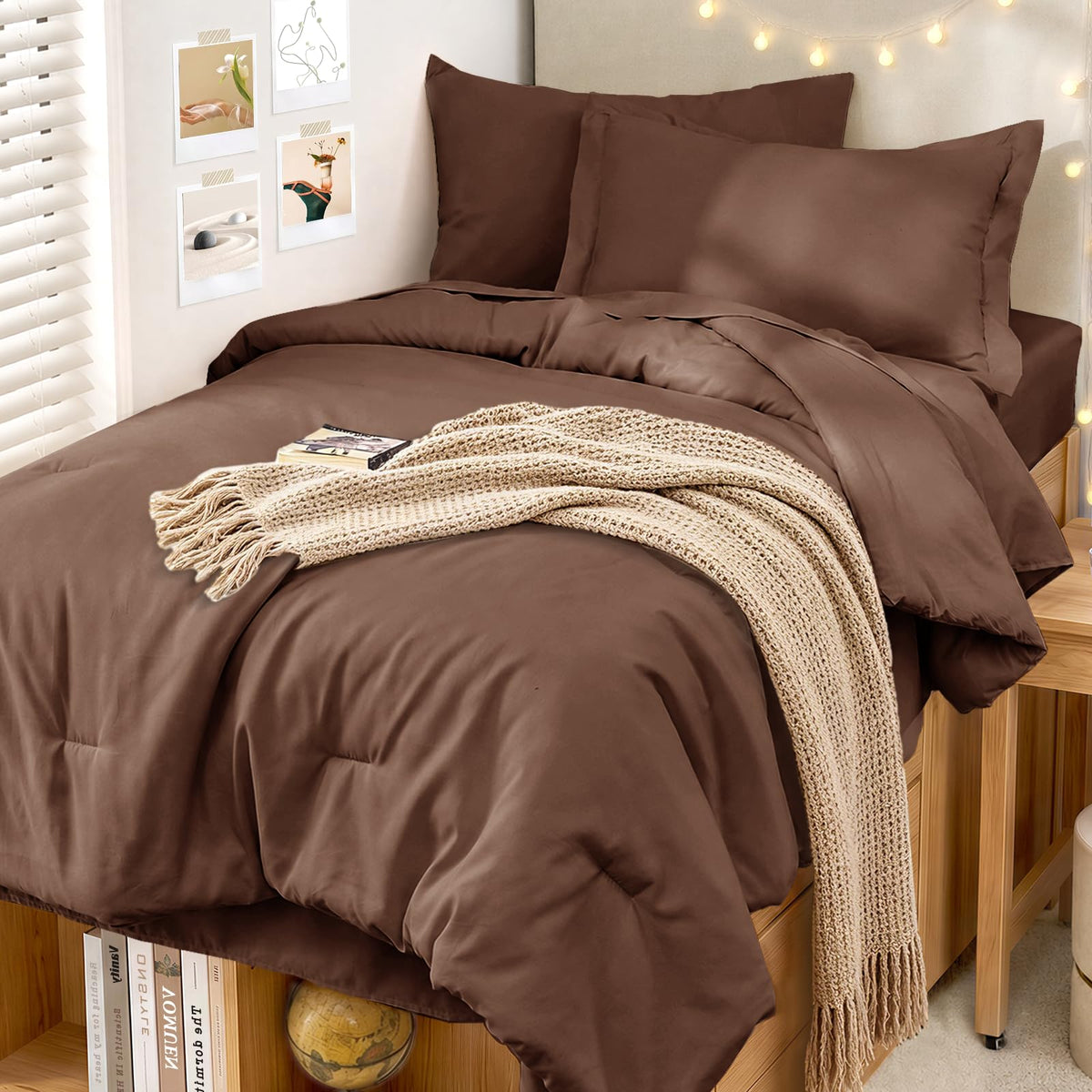 MUXHOMO Queen Comforter Set 7 Pieces, Soft Bed in a Bag, Beige