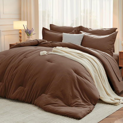 MUXHOMO Queen Comforter Set 7 Pieces, Soft Bed in a Bag, Beige