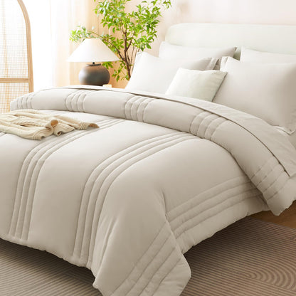 CozyLux Queen Comforter Set Beige - 7 Pieces Vertical Quilted Bed in a Bag