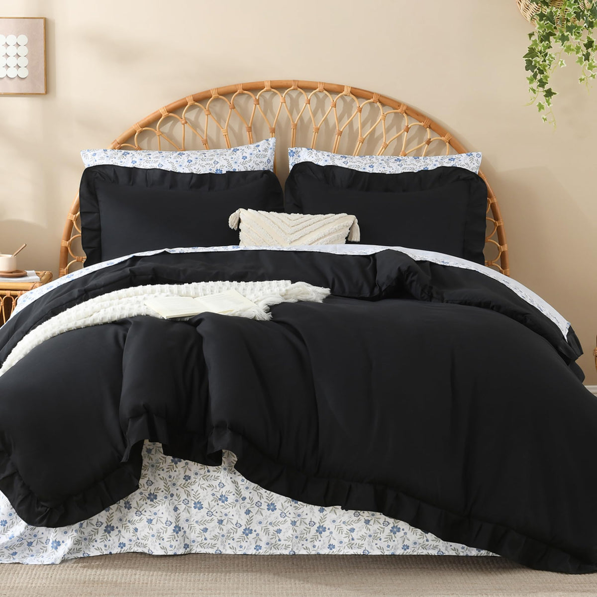 Litanika 7Pcs Full Ruffled Sage Green Comforter Set with Floral Sheets
