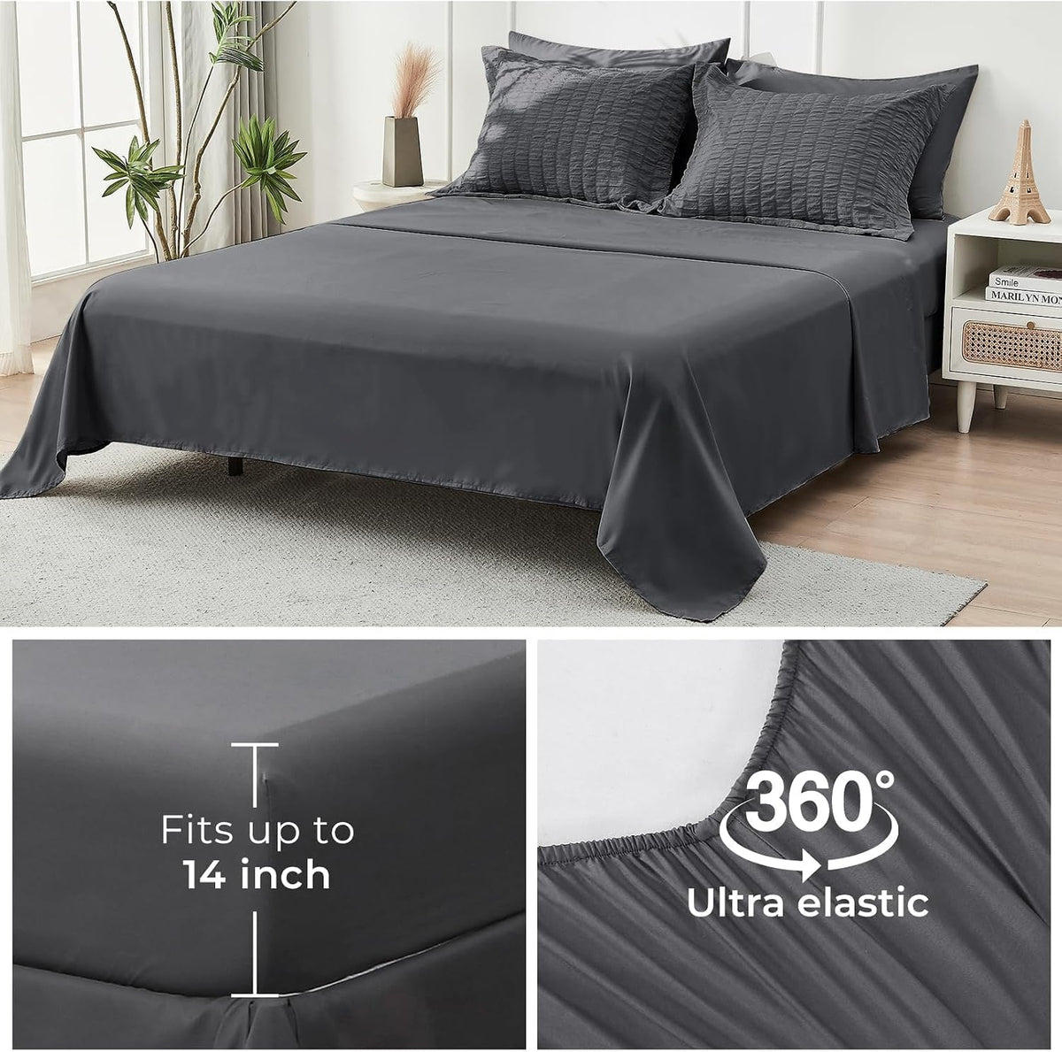 Queen Comforter Set - 7PCS Bed in a Bag, Seersucker Bedding Set, Dark Grey