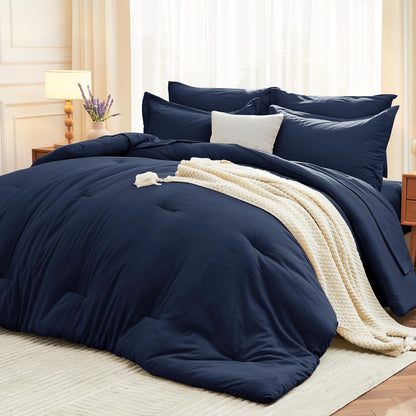 MUXHOMO Queen Comforter Set 7 Pieces, Soft Bed in a Bag, Beige