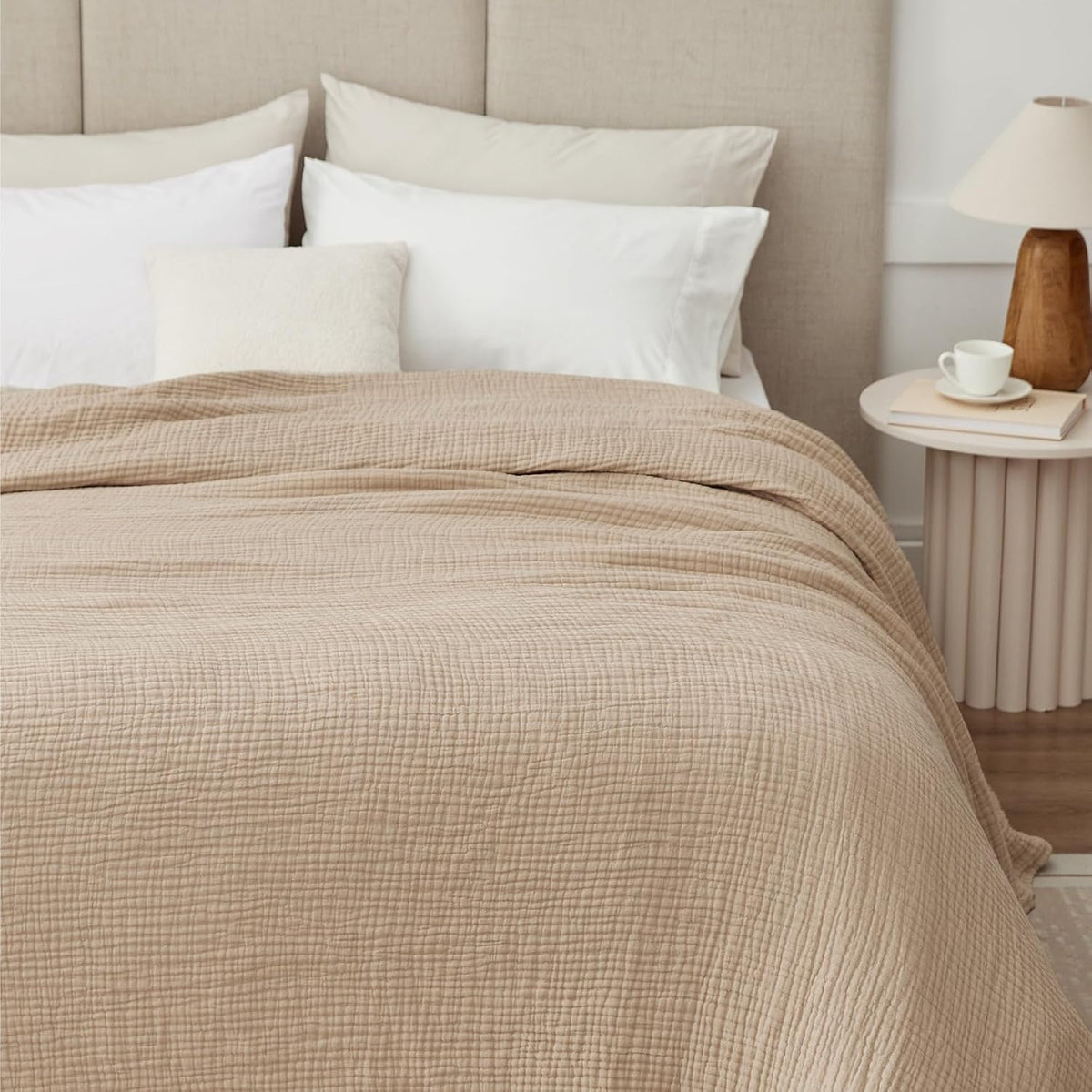 100% Cotton Muslin Blanket for Adults, 6-Layer, King, 108 x 90, Beige Linen