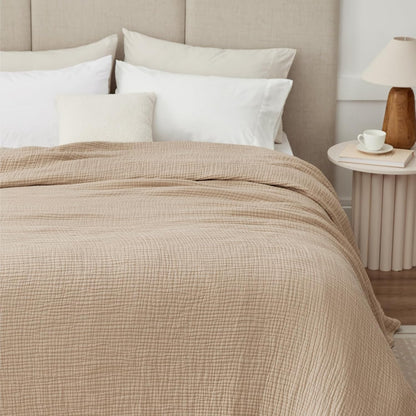 100% Cotton Muslin Blanket for Adults, 6-Layer, King, 108 x 90, Beige Linen