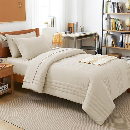 CozyLux Queen Comforter Set Beige - 7 Pieces Vertical Quilted Bed in a Bag